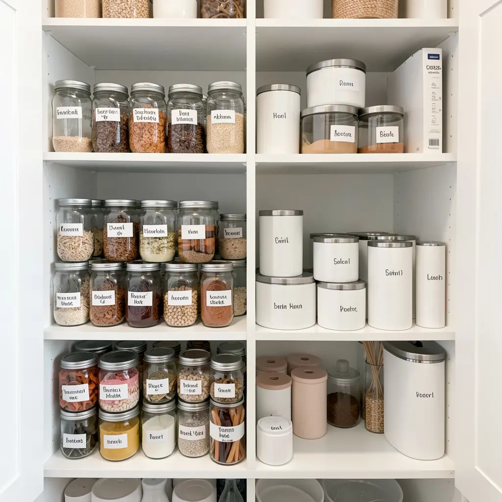 Well organized pantry with labeled containers