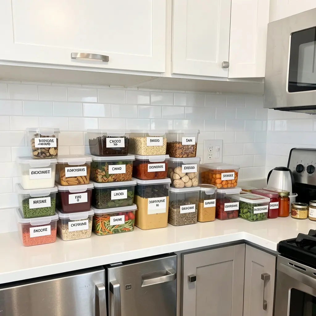 Organized kitchen with labeled storage containers
